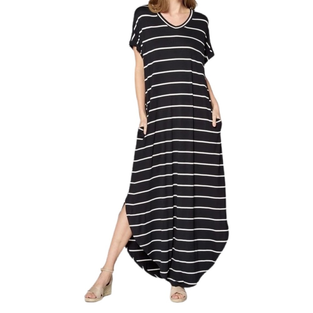 Short Sleeves Side Slit V-Neck Maxi Pockets Dress NWT!